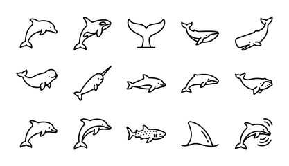 Marine Mammal Icons Set: Dolphin, Whale, Narwhal, Orca, Shark Vector Graphics © Imtiaz