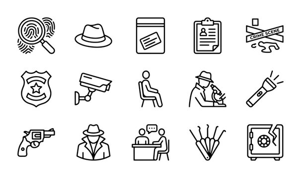 Crime Scene Investigation Icons, Detective Clues, Forensic Evidence, Security Surveillance, Vector Set