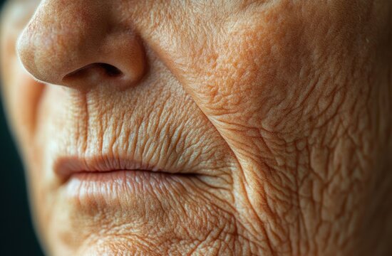 close-up of elderly lower face with deep wrinkles around mouth and nose, dry lips and a contemplative neutral expression
