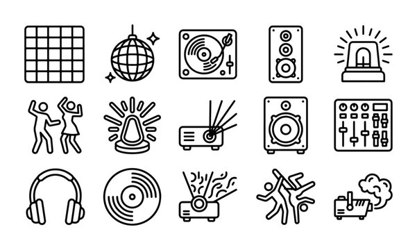 Party Icons Set: Disco Ball, DJ Turntable, Speakers, Projector, Dancing Figures, Headphones, Vinyl Record