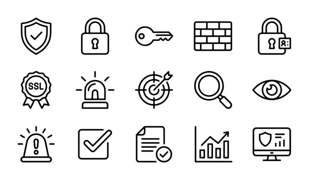Cybersecurity Icons: Secure Shield, Lock, Key, Firewall, SSL, Target, Magnifier, Eye, Data Graph