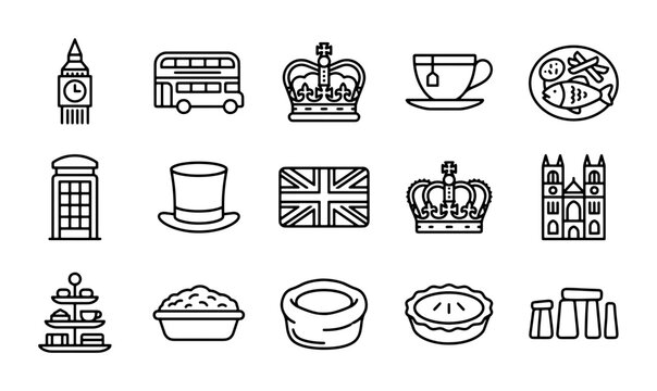 Icon Set: British Symbols, London Landmarks, Royal Crown, Tea, Fish and Chips, Vector Art