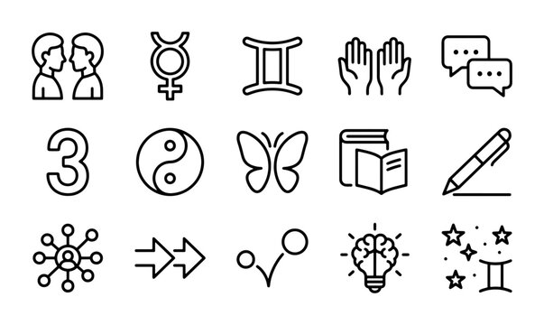 Astrology Zodiac Symbols, Gemini, Yin Yang, Butterfly, Brainstorming Icons Set