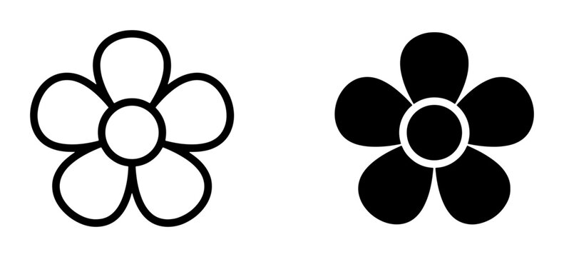 Simple Flower Icons, Outline and Solid Fill, Black and White, Vector Graphics