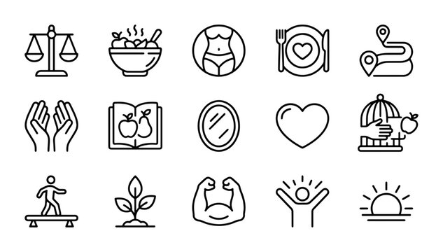 Healthy Lifestyle Icons: Nutrition, Fitness, Wellness, Self-Care, Balance, Diet, Health