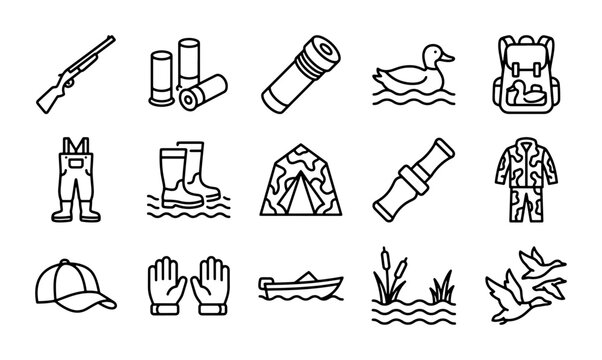 Hunting Icons Set: Duck, Shotgun, Boat, Camouflage Gear, Outdoor Adventure Vector Graphics