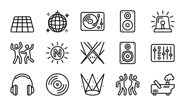 Party Icons Set: Disco Ball, DJ Turntable, Speakers, Lights, Dancing Figures, 15 Vector Elements