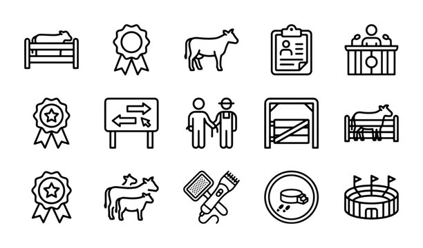Farm Livestock Icons Set, Agricultural Business Symbols, Cattle Farming Vector Graphics, Rural Industry Icons