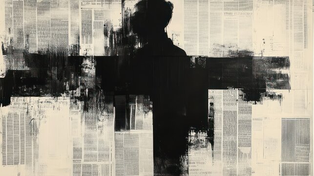 dark painted silhouette of a person against layered newsprint with broad horizontal and vertical brushstrokes, evoking solitude and somber contemplation