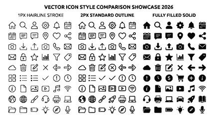 Obraz premium Vector icon style comparison showcasing stroke outline solid and fully filled designs in 2026 collection
