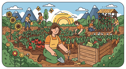 Naklejka premium People gardening in community vegetable garden with mountains