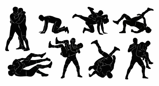 Collection of eight black silhouettes showing male wrestlers in various poses including freestyle wrestling takedowns, throws, lifts, and ground grappling maneuvers on white background.