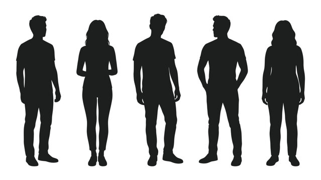 Five people standing full body in black silhouette high quality professional detailed modern elegant stylish clean crisp vibrant colorful