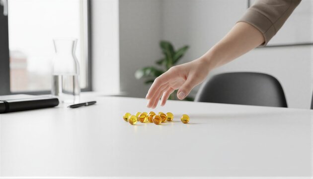 Daily health routine with golden softgel capsules on a minimalist professional workspace