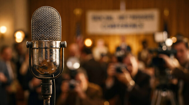 Vintage chrome press conference microphone dissolving into bokeh of a newsroom