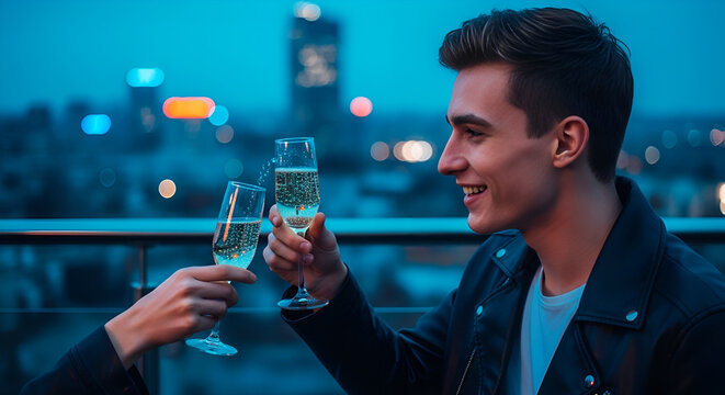 Smiling young man celebrating his happy 18th birthday on a rooftop