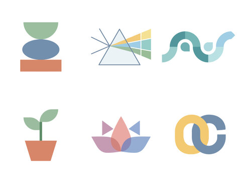 Colorful geometric shapes and icons.