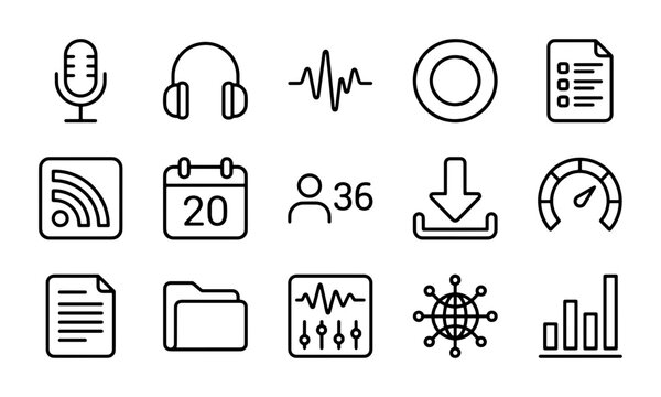 Audio and Media Icons Set: Microphone, Headphones, Sound Wave, Calendar, Download, Speedometer, Network