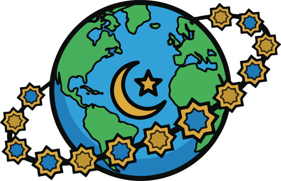 A colorful illustration of the Earth surrounded by stars and a crescent moon.