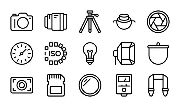 Photography Icons Set, Camera Gear Vector Graphics, Digital Photo Equipment Symbols, Studio Tools Collection