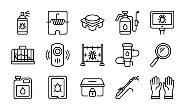 Pest Control Icons Set: Insecticide Spray, Trap, Bait Station, Sprayer, Monitor, Cage, Repeller, Barrier, Fogger, Magnifier, Chemical Canister, Device, Box, Wand, Gloves