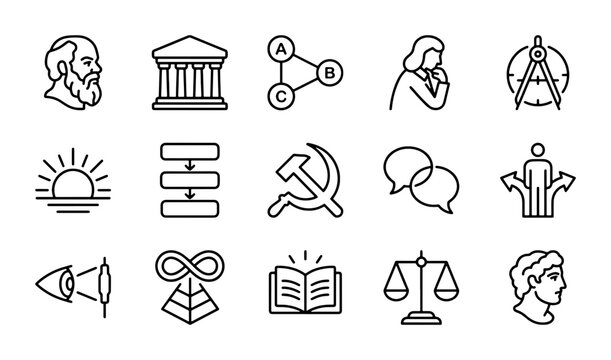 Philosophy Icons Set: Ancient Thinkers, Logic, Ethics, Education, Society Concepts