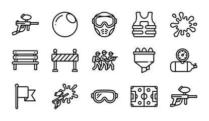Paintball Icons Set, Action Sport Equipment Vector Graphics, Outdoor Game Symbols Collection © Tanvir
