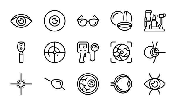 Ophthalmology Icons Set, Eye Care Symbols, Vision Health Equipment, Medical Illustration