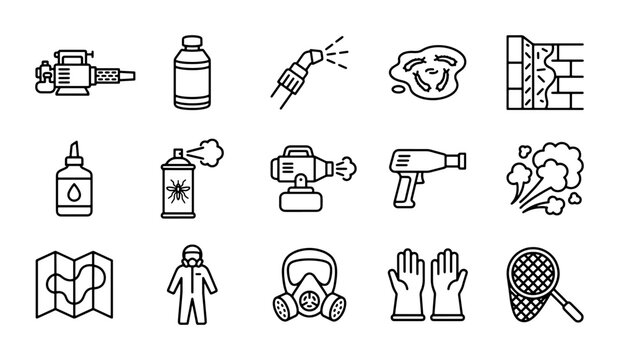 Pest Control Icons Set, Insecticide Sprayer, Gas Mask, Protective Suit, Vector Graphics