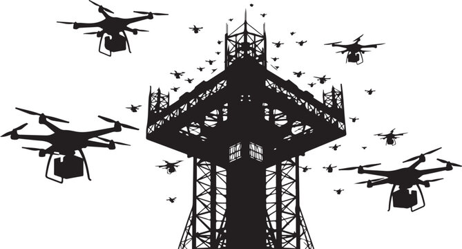 Drone, helicopter, tower, silhouette, black, vector icons, 3D, industrial, aerial, surveillance