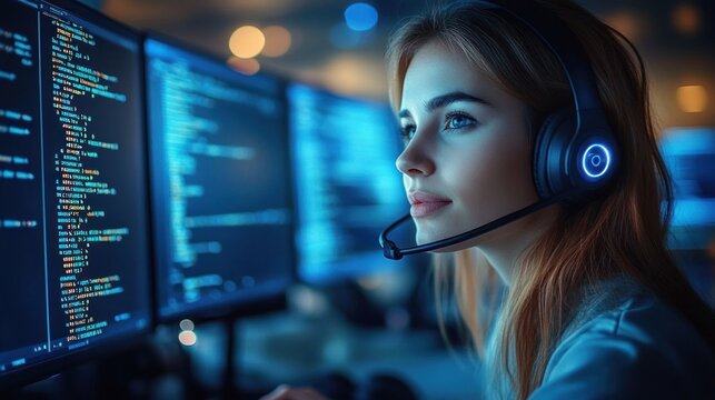 focused developer wearing illuminated headset at a multi-monitor workstation displaying code in blue ambient light
