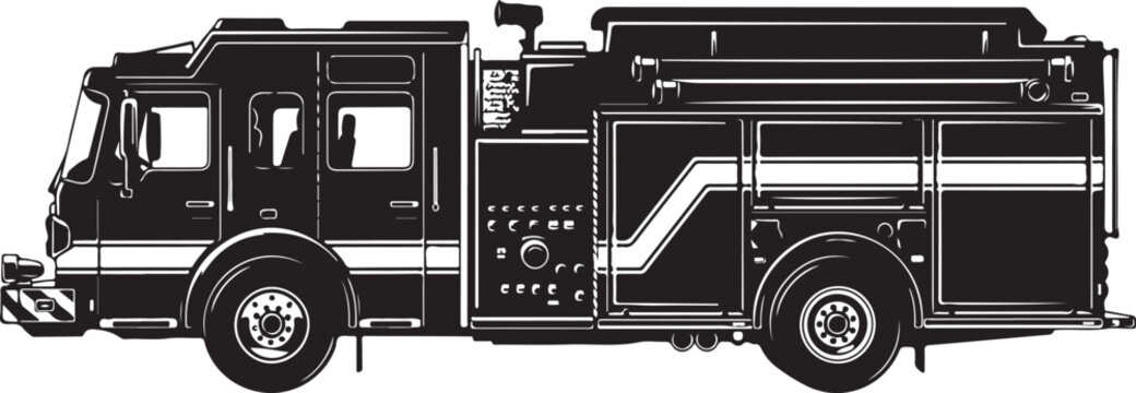 Fire truck, emergency vehicle, black and white illustration, side view, fire engine