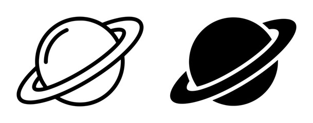Planet with Rings Icon Set, Saturn Symbol Vector, Space Celestial Body Graphics, Cosmic Orbit Illustration, Astronomical Object Silhouette © Tasnia