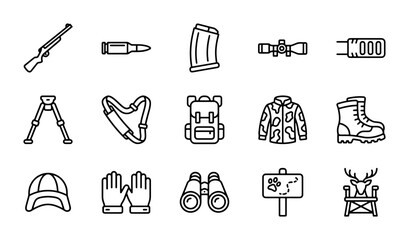 Hunting Icons Set: Rifle, Bullet, Scope, Binoculars, Camouflage Jacket, Boots, Backpack, Deer, and More Outdoor Gear Vector Graphics for Adventure and Sport © Tasnia