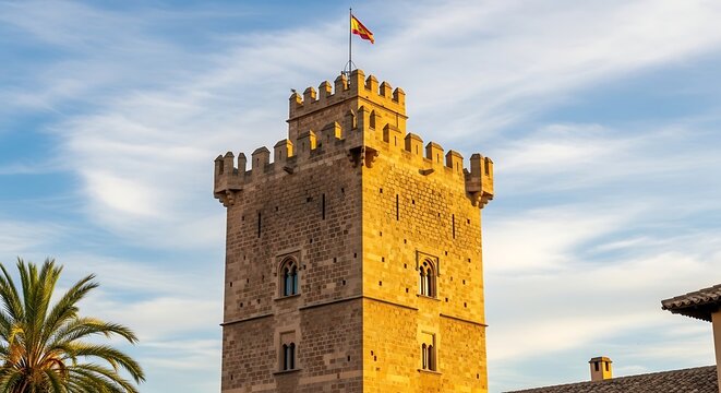 Medieval stone tower with flag.