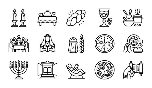 Jewish Holiday Icons Set, Shabbat Dinner, Torah Scroll, Menorah, Kiddush Cup, Challah Bread, Synagogue, Festive Celebration Symbols Vector Collection