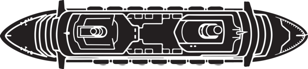 Black and white spaceship, futuristic vehicle, sci-fi illustration, vector graphic © Enamul