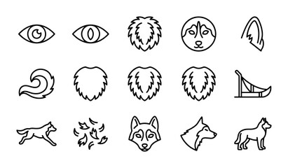 Wolf Icon Set, Canine Graphics, Animal Symbols, Nature Elements, Line Art Vector Collection © Ruma