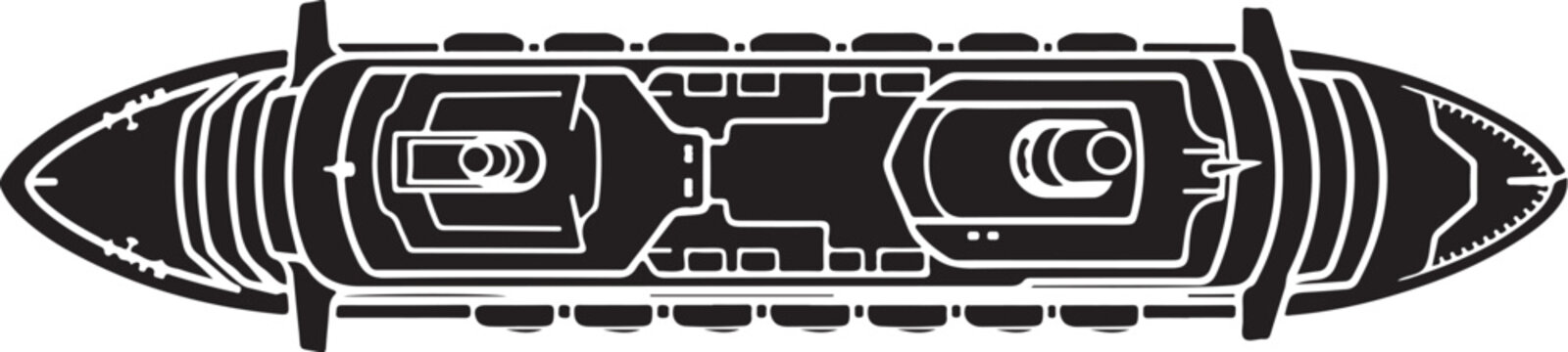 Black and white spaceship, futuristic vehicle, sci-fi illustration, vector graphic