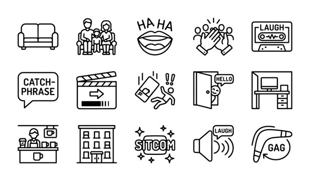 Comedy Icons Set: Sitcom, Laugh, Gag, Entertainment, TV Show, Movie Production Vector Icons