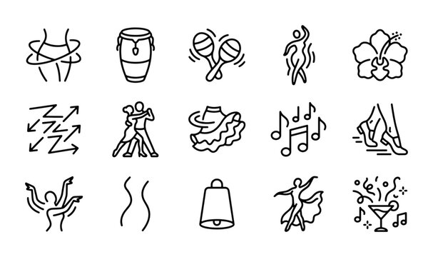 Latin Dance Icons Set: Salsa, Tango, Rumba, Music, Rhythm, Celebration, 15 Vector Elements