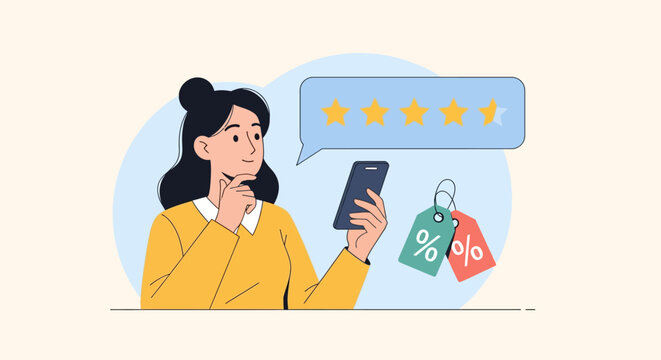 Woman Carefully Reviewing Product Rating and Providing Customer Feedback