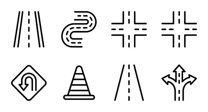 Road Icons Set: Highway, Winding Path, Intersection, Traffic Cone, U-Turn, Fork
