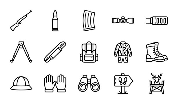 Hunting Gear Icons Set: Rifle, Ammo, Scope, Backpack, Camouflage, Boots, Binoculars