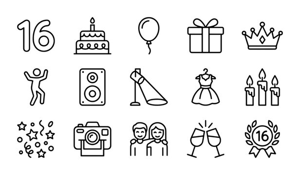 Sweet Sixteen Birthday Icons Set, 16th Celebration Vector Graphics, Party Elements Collection