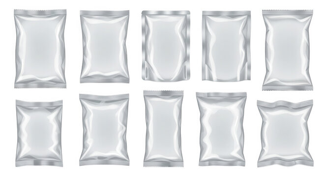Set of ten blank white plastic snack pouches with realistic folds and shadows, isolated on a black background, for product, packaging mockups