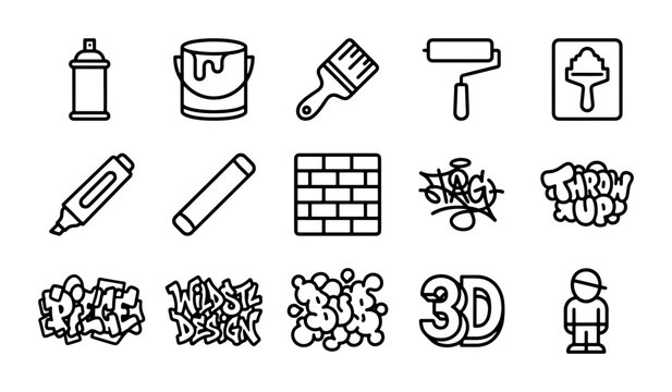 Graffiti Art Icons Set: Spray Paint, Brushes, Roller, Brick Wall, 3D Text, Character