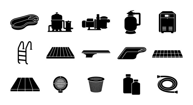 Pool Equipment Icons, Swimming Pool Maintenance Gear, Water Filtration Systems, Pool Accessories Set