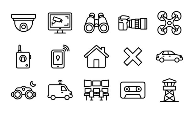 Security Icons Set: Surveillance, Monitoring, Drone, Binoculars, Camera, Home Protection