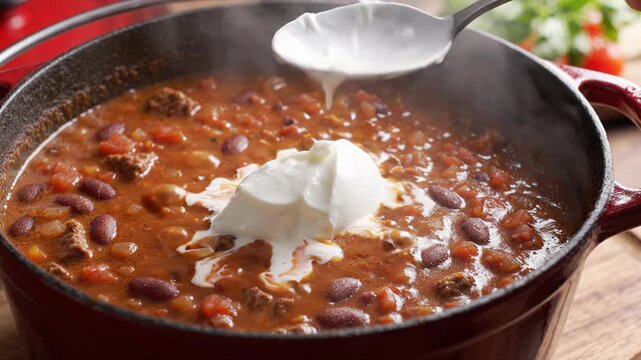Hearty chili con carne stew simmering in rustic pot, delicious homemade cooking. Appetizing food for dinner, satisfying comforting meal. Rich spicy tomato dish, perfect cuisine